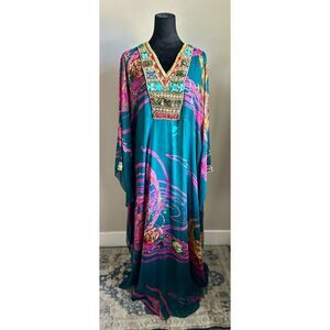 Women's Cut Beaded Shimmer Teal Beach Dress Fairy Full Length Kaftan Size 2XL